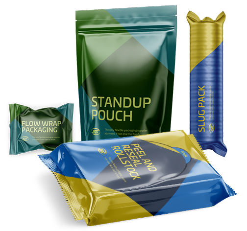 Stand-up pouch, reclose package, slug pack, and flow wrapper
